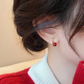 Xmsrn Vintage Red Pearl Dangle Earrings Crystal Pearl Drop Earrings Crystal Peace Knot Earrings Boho Rhinestone Pearl Earrings Red Coral Stud Earrings For Women, Zinc, No Gemstone