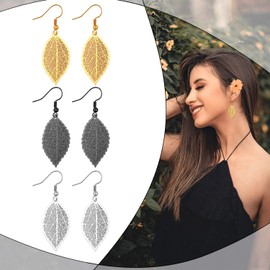 Cupimatch 3 Pairs Leaf Dangle Pendant Earrings, Lightweight Filigree Plant Leaf Drop Ear Hook Earrings Fashion Jewelry Gifts for Women Girls