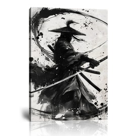 Japanese Samurai Wall Art Black and White Warrior Wall Decor Prints Vintage Japanese Cultural Samurai Pictures Canvas Painting Framed for Living Room Bathroom Bedroom Office (24''W x 36''H)
