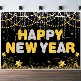 7 x 5 FT Happy New Year 2025 Backdrop - Extra Large Glittering Gold and Silver Letterings NYE Wall Hanging Photo Background, New Year's Eve Photography Booth Prop for Indoor Outdoor Decorations