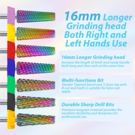 MagiBling 16mm 5 in 1 Tapered Barrel Nail Drill Bits, 3/32'' Safety Tungsten Carbide Bits, Two-way Rotation, Suitable for Manicure Pedicure Cuticle Gel Polishing, Technicians Bits, Grit: Double Fine.