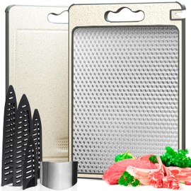 Pure 316 Stainless Steel Cutting Board Full Kit | Non-Toxic Scratch Resistant Chopping Boards for Kitchen | Dual Sided Metal & Wheat Straw with Knife Guards & Sharpener, Finger Guard, Juice Groove