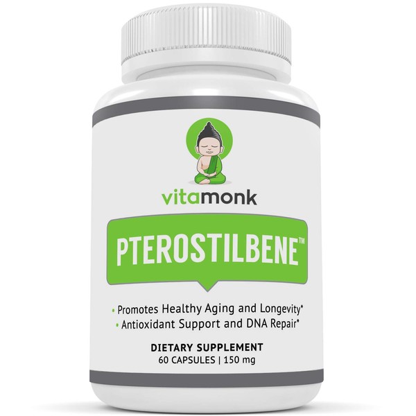 VitaMonk Pterostilbene 150mg Capsules No Artificial Fillers - Soy Free Trans-Pterostilbene Supplement which Promotes Healthy Aging and Longevity - 60 Veggie-Caps - Improved Resveratrol
