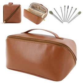 Large Capacity Travel Cosmetic Bag, Waterproof Portable Makeup Bag with Handle and Divider for Women, PU Leather Make Up Storage Bag with 11PCS Burshes Hanging Toiletry Bag,Brown