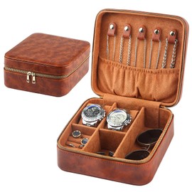 Wisreach Men's Travel Jewelry Box, 2-Slot Watch Travel Box with Zipper Storage for Rings, Tie Clips, Glasses, and Necklaces. Fits All Watches Up to 50mm - Brown