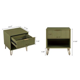 Manhattan Comfort Dumbo Modern Nightstand 2.0 with 2 Metal Feet | Splayed Gold Legs | Vertical Ribbed Design | No Tool Assembly Storage for Bedroom, Set of 1, Olive Green
