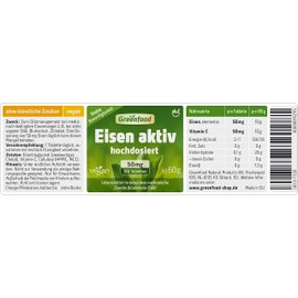 Iron active, 50 mg, extra high dose, tablets, high availability, excellent tolerance, vegan – important for blood formation, energy and the immune system. No artificial additives. GM free. New
