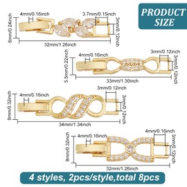 BENECREAT Pack of 8 4 Styles 18K Gold-Plated Folding Clasp, Necklace Bracelet Extensions, Zirconia Extension Clasps for Making Bracelets, Necklaces, 2pcs/Style