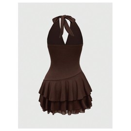 RoseSeek Women's Halter Cowgirl Vintage Mini Dress Embroidery Tie Back Sleeveless Ruched Tiered Layer A Line Dresses Brown Large