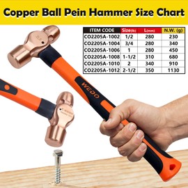 WEDO Copper Ball Peen Hammer 12 oz(3/4lb), Ball Pein Hammer with Fiberglass Handle, Length 300mm(12"), Die-Forged, Corrosion Resistant, DIN Standard