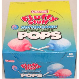 Charms Fluffy Stuff Cotton Candy Pop Candy 48 Box Flat Pops Bulk Candies Suckers