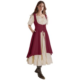 Eunchaes Women Renaissance Costume Medieval Peasant Dress Underbust Pirate Fairy High Low Dresses with Pockets(Z3884RD,2XL)