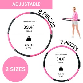 Weighted Hula Hoop for Adults - 2.8lb Detachable Exercise Hoop - Fun & Portable Fitness Circle with Jump Rope, Resistance Band & Carry Bag (Black/Pink)