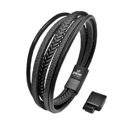 LEODYNE Braided Bracelet Made of Genuine Leather in Black or Brown – Men's Bracelet with Magnetic Clasp Made of Stainless Steel Leather Bracelet Men Including Extra Link, L - 21.5cm, Leather