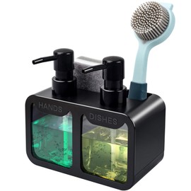 Bestseek Juego de dispensador de jabón para manos y platos de cocina, dispensador de jabón doble con organizador de esponja y soporte para brochas, organizador 4 en 1 color negro, HS-B