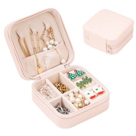 Obsoorth Small Jewelry Box Travel Case Ring Earring Holder Organizer for Traveling Necklace Women Children Kids Little Girls Gift PU Leather Portable Storage Carrier - Baby Pink
