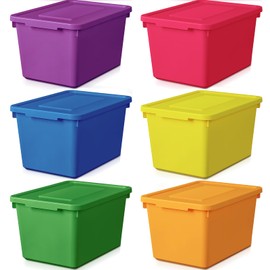 Potchen 6 Pack Small Stackable Storage Bins with Lids Plastic Storage Boxes for Classroom 9.8" ×7.3" ×5.7" Decorative Organizer Bins for Craft Art Office Teacher Supplies (Colorful)