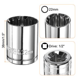 sourcing map 12 Point Socket 1/2" Drive by 22mm Metric Shallow Socket Chrome Vanadium Steel 12-Point Standard Sockets Mechanic Hand Tool for Car Repair Mechanical Maintenance Home Use