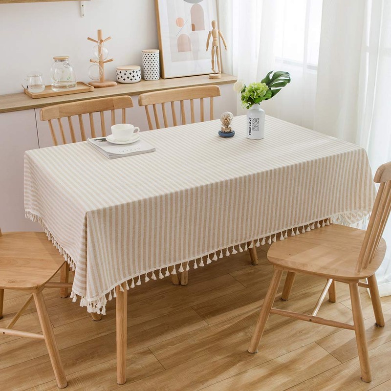 Plenmor Cotton Linen Table Cloth Stripe Tassel Rectangle Tablecloth Dust-Proof