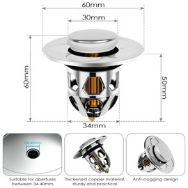 Dunkwckore Pack of 2 Sink Plugs, Diameter 34-40 mm, Drain Plug, Sink Plug with 2 Seals, Pop Up Valve with Anti Clogging Strainer, for Countertop Sink, Bath Plug
