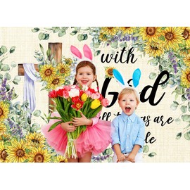 Spring Easter Backdrop Sunflower Jesus Cross Background with God All Things are Possible Banner Easter Christian Decorations for Home Office Photo Prop Booth (7X5FT)