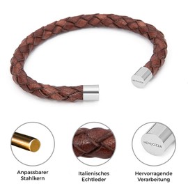 Mendozza Men's Bangle Leather Bracelet Stainless Steel Bangle Individually Adjustable Size, Stainless Steel, Brown-silver (Mj-ba46850g)