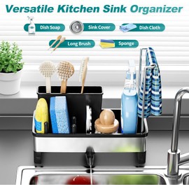 Soporte para Fregadero de Acero Inoxidable Ewaiira, Soporte para esponjas para Fregadero de Cocina con Soporte de cepillos y toallero, Organizador de Fregadero para encimera, dispensador de jabón