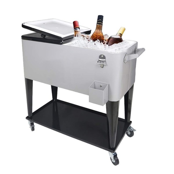 SHAREWIN 80 QT Rolling Cooler Cart Ice Chest for Outdoor Patio Deck Party Portable Party Bar Cold Drink Beverage Cart Tub, Backyard Cooler Trolley on Wheels with Shelf, Bottle Opener Silvery