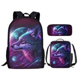 Showudesigns Wolf Backpack Lunch Box Combo Moon Night Kids School Backpacks for Girls Boys Elementary Bookbag Back Pack Insulated Lunch Bag Pencil Pouch Purple
