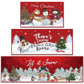 Layhit 3 Pcs Christmas Kitchen Rug and Mat Set Christmas Absorbent Anti Fatigue Winter Bathroom Mat Non Slip Washable Rug for Xmas Party Kitchen Decor 20'' x 59'' + 20'' x 47'' + 20'' x 32''(Snowman)