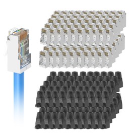 VCE Cat6 Sheiled RJ45 Pass Through Connectors with RJ45 Strain Relief Boots (Black) 100-Pack, Cat 6/Cat 5e End, Gold Plated 3 Prong Ethernet Modular Plug for Solid or Stranded STP/FTP Network Cable