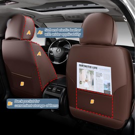 KEYOOG 5-Seater Car Seat Covers Full Set Waterproof and Breathable Nappa Leather, Fit for Front and Rear Seats of Cars, Compatible with Airbags, Car Seat Protector Covers for Most Cars - Coffee Color