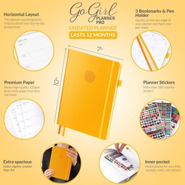 GoGirl Planner PRO - Undated Horizontal Layout Weekly Planner and Organizer + Budgeting and Expense Tracking Pages, Goals Journal & Agenda, 18 x 25.5cm, Hardcover, Lasts 1 Year - Amber Yellow