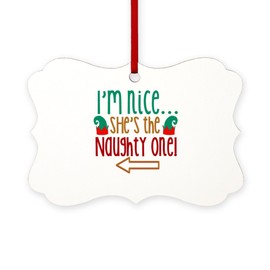 CafePress Im Nice She's Naughty Elf Hat Scroll Holiday Ornament 4" x 2.75"