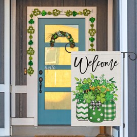 Louise Maelys St Patrick's Day Garden Flag Shamrock Clover Gnome Green Hat Welcomne 12x18 Inch Double Sided Small Burlap Saint Patricks Spring Holiday Yard Outdoor Flag House Decor (Only Flag)
