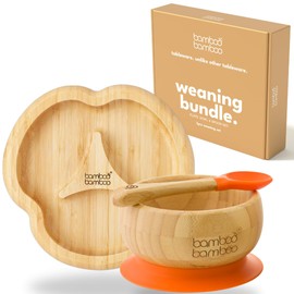 bamboo bamboo Baby Plate & Baby Bowl Weaning Set, Suction Plate and Bowl for Feeding and Weaning, Bamboo Divider Plate, Toddler Bowl & Baby Spoon, Suction Plates for Babies from 6 Months (Orange)