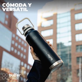 BUFFER FLASK Termo de Acero Inoxidable 710 ml – Botella Termica Antigoteo y Hermetica – Termo para Agua Fría 24h y Caliente 12h – Termos para Agua - Incluye Tapas - Negro - 24 Oz