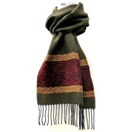 Ladies Celtic Scarf With Fringe, 45% wool and 55% chenille, Made in Scotland (Olive)