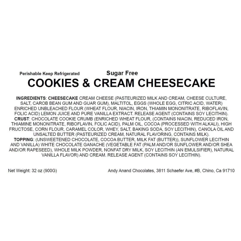 Andy Anand Sugar-Free Cookies & Cream Cheesecake 9" (2 lbs),