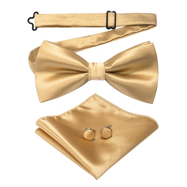 Mens Solid Color Pre-tied Bow Tie and Pocket Square Cufflink