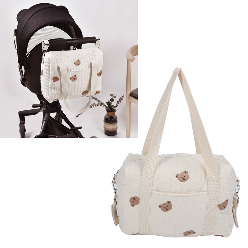 Multifunctional Baby Stroller Storage Bag Zipper Embroidery Reusable Handbag Nappy
