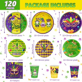 Ertyjikg Mardi Gras Party Supplies 120pcs Disposable Mardi Gras Mask Paper Plates and Napkins for Mardi Gras Masquerade Party Decorations Cups for Mardi Gras Carnival Party Supplies, Serve 30