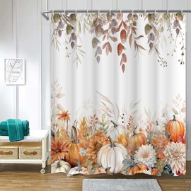 ChloropLastid Fall Pumpkin Shower Curtain Autumn Maple Leaves Watercolor Floral Bathroom Curtains Thanksgiving Harvest Waterproof Fabric Machine Washable Bath Curtain Set 72x72 inch
