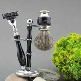 Haryali London Shaving Kit – 5 Pc Shaving Kit – 3 Edge Shaving Blade Shaving Razor - Best Badger Shaving Brush – Shaving Soap – Shaving Bowl – Shaving Stand – Black Color Shaving Set as Gift