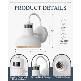 Seovix 7" Outdoor Light Fixture with Motion Sensor, Dusk to Dawn Exterior Wall Light E26 Base Socket Barn Light, IP65 Waterproof Outside Wall Sconce for Porch, House, Garage, Farmhouse, 2210SWH-1