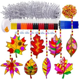 Suncatcher Kit 32 Sets Fall Leaf Suncatchers Window Art Paint Sun Catcher DIY Craft Kits Autumn Maple Leaf Sun Catchers Bulk for Classroom Thanksgiving Harvest Party Art Project Decoration