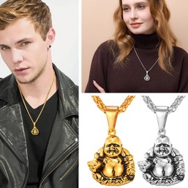 U7 Men Amulet Buddhism 18K Gold Plated Laughing Buddha Pendant Necklace