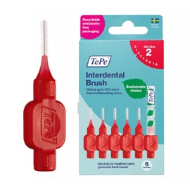 TEPE - Cepillo interdental original suave para limpieza de dientes, paquete de 6, 0,5 mm, huecos extra pequeños/pequeños, color rojo, tamaño 2