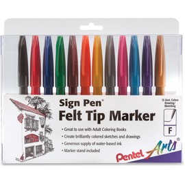 Pentel S52012 Sign Pen Fine Point Color Marker, Bullet Tip.7Mm, Assorted, 12/Set