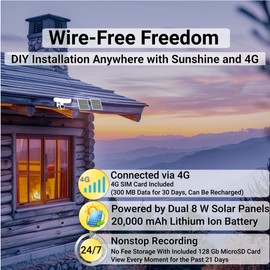 ON WATCH 4G LTE 24/7 Recording Solar Floodlight Security Camera, Motion-Activated Notification/2000LM Floodlight/105dB Siren, Pan/Tilt, 2K, Live View/Talk, Free Local 128GB Storage, SIM Card Included